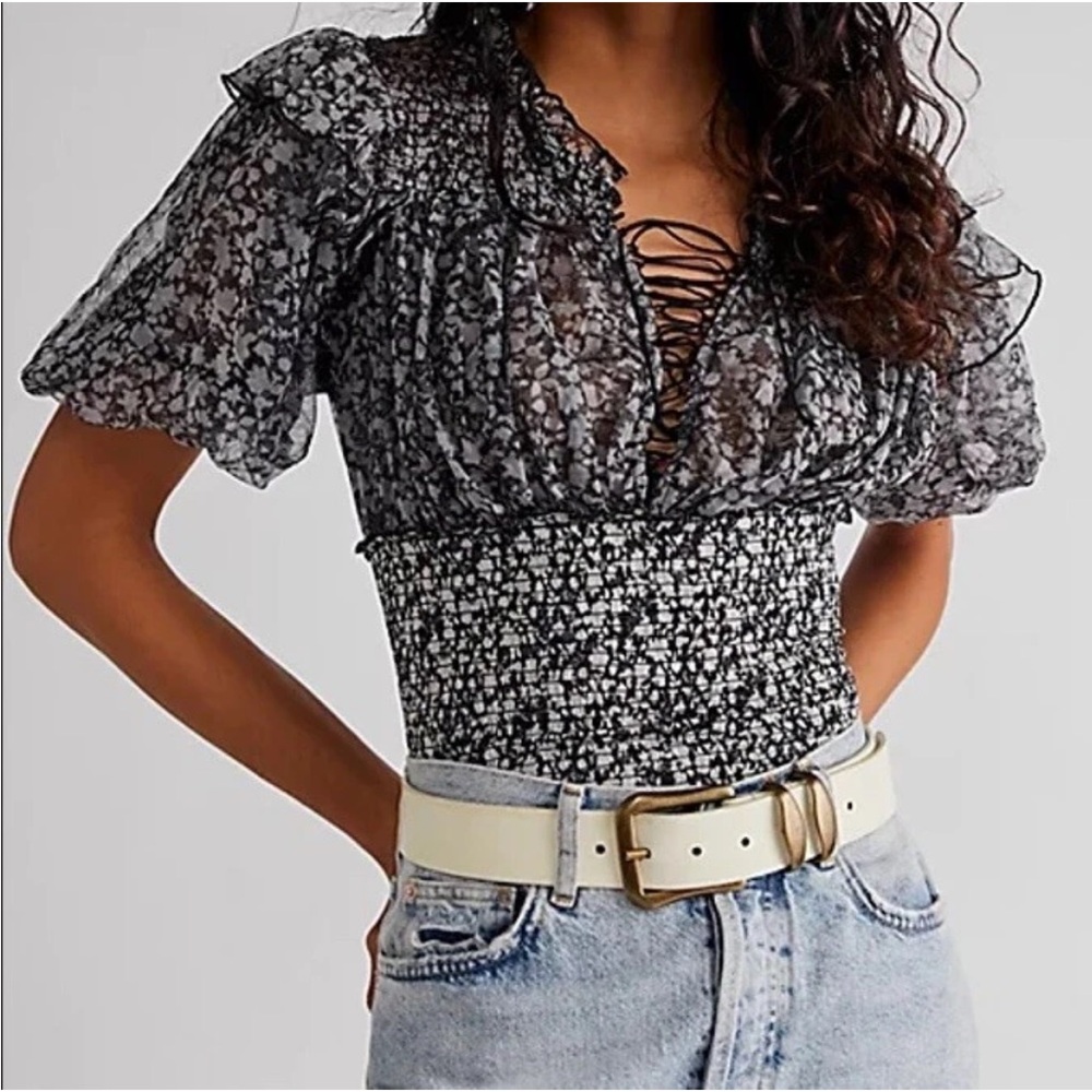 NWT Free People Beatrice Lace-Up Top Chiffon Puff-Sleeve Women’s Medium Black